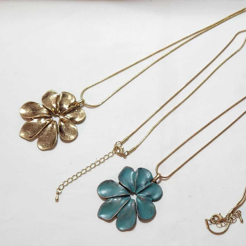 THREE FOR $20 Long necklace floral pendant gold tone gold/blue costume NIP
